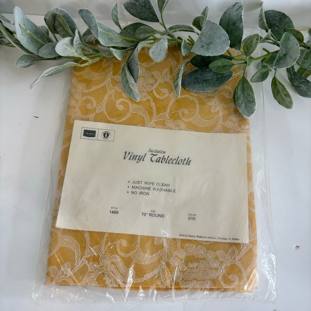 Vintage Sears Invitation Vinyl tablecloth 70” round yellow lace style 1466